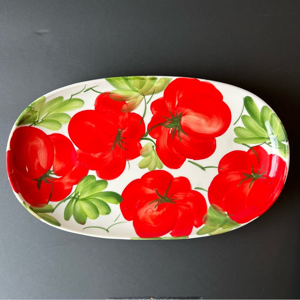 SOLD Vibrant Hand-Painted Ceramic Oval Platter 13", Red Tomatoes, Made in Italy - Picture 9 of 15